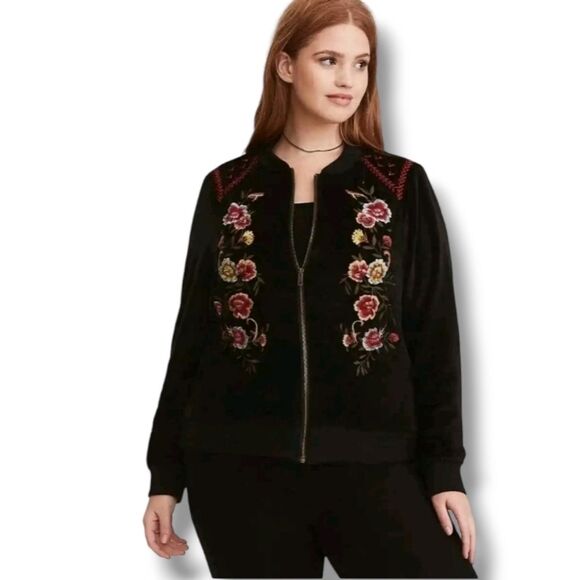 TORRID Black Velour Velvet Floral Embroidered Beaded Bomber Jacket 4/4x - Picture 1 of 8